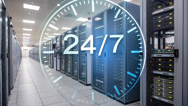 A clock face showing 24/7, superimposed over a bustling data center server aisle, symbolizing continuous operation