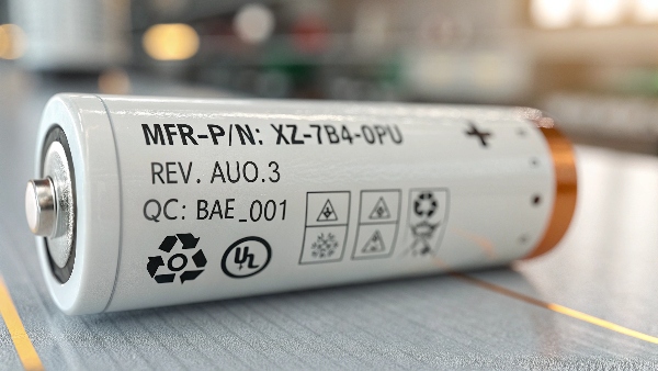 A close-up of a battery label with various codes and manufacturer-specific acronyms highlighted
