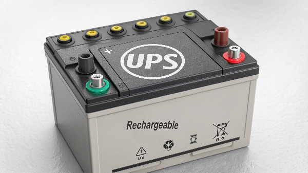 A close-up of a UPS battery with a 
