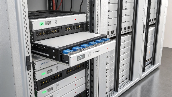 A close-up shot of a high-quality lithium battery pack being installed into a UPS rack cabinet