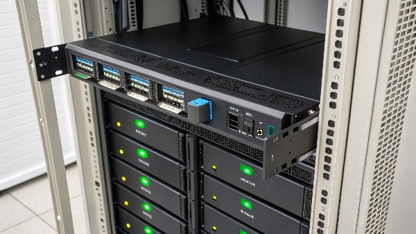 A close-up shot of a rack-mounted UPS unit with LED status lights, installed neatly within a server rack.