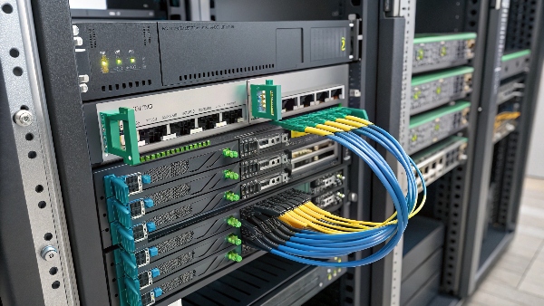 A close-up shot of interconnected server, storage, and network switch components within a data center rack.