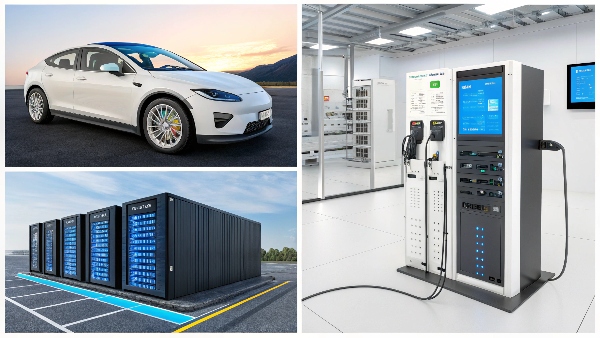 A collage of modern devices powered by lithium batteries: an EV, a data center UPS, a smartphone, and a power tool
