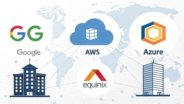 A collage of subtle logos or representations: Google 'G', AWS cloud icon, Azure cloud icon, Equinix logo, and a generic bank building icon, all subtly hinting at their data center operations