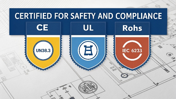 A collection of certification logos like UN38.3, IEC 62133, CE, and RoHS