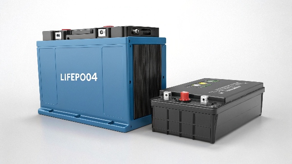 A compact LiFePO4 battery pack designed for UPS applications next to a traditional lead-acid battery