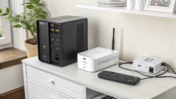 A compact UPS powering a modem, router, and a small NAS (Network Attached Storage) device in a home setting