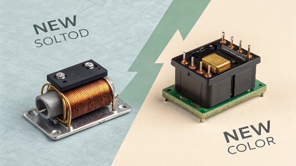 A comparison: an old-style electromagnetic relay with moving parts versus a modern solid-state semiconductor chip