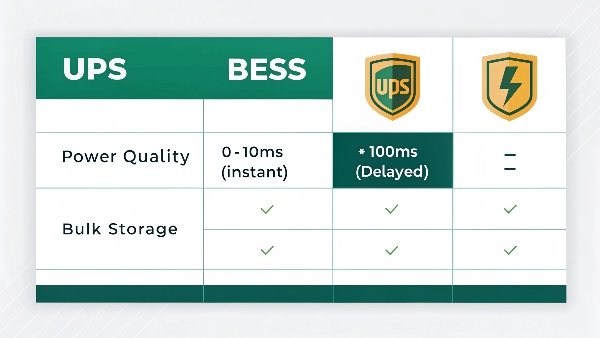 A comparison table highlighting the key differences between a UPS and a BESS in terms of function and speed