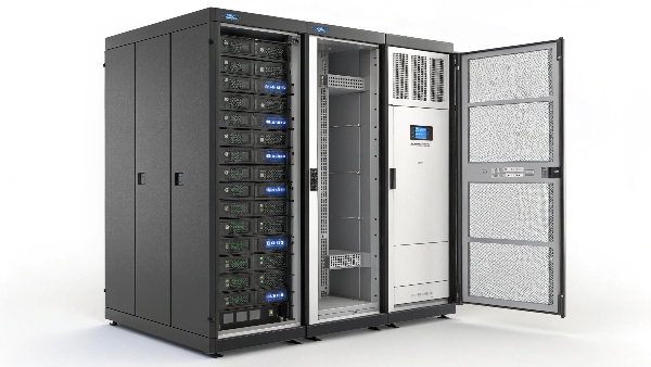 A complete UPS system in a server room, showing the UPS unit, external battery packs, and neat wiring in a rack cabinet