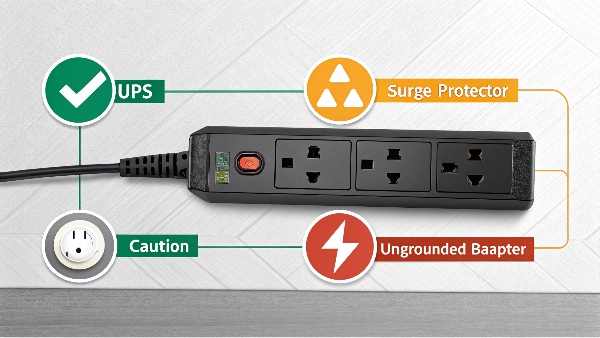 A computer PSU plug going towards: 1. A UPS (green check), 2. A surge protector (yellow check), 3. A plain wall outlet (orange caution), 4. An ungrounded adapter (red X)