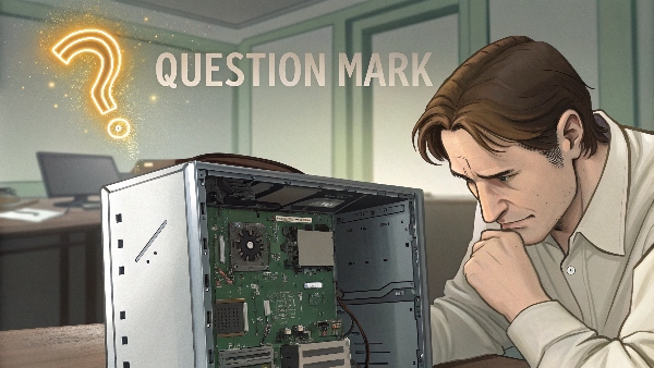 A computer technician looking at a damaged motherboard inside a PC, with a question mark above
