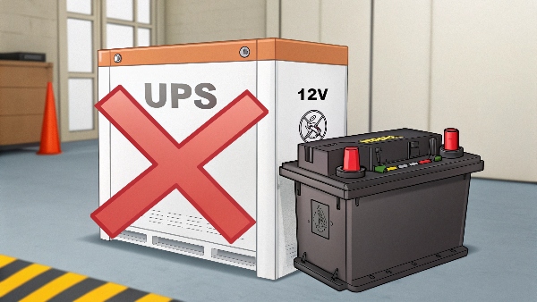 A computer UPS with a large red X mark next to a 12V car battery, indicating incompatibility