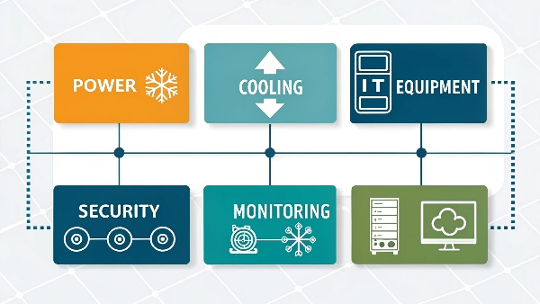 A conceptual block diagram of a data center showing interconnected systems: Power (with UPS icon), Cooling (with fan/snowflake icon), IT Equipment (server icon), Security (camera/lock icon), and Monitoring (dashboard icon).