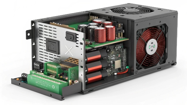 A cutaway view of a computer PSU showing its internal transformers and capacitors, with a large red 'X' over a battery symbol