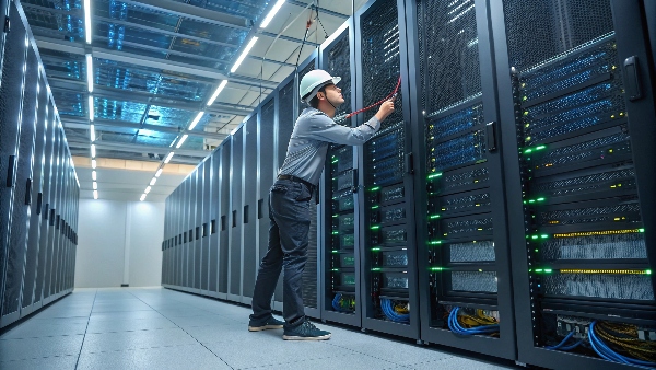 A data center technician working on a server rack in a data hall