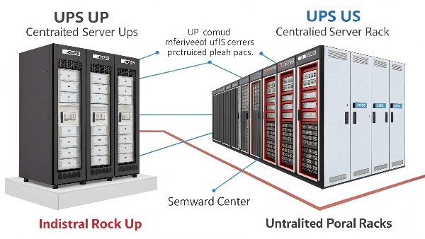 A diagram contrasting a large central UPS unit in an electrical room powering multiple server racks in a data hall, versus individual rack-mounted UPS units located within each server rack.
