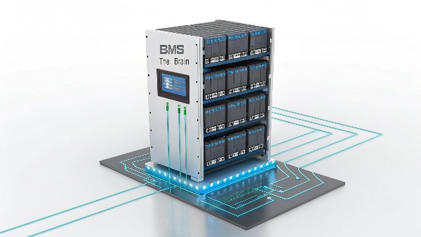 A diagram showing a central BMS connected to multiple battery modules in a high-voltage rack