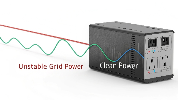 A diagram showing a jagged, unstable power line going into a UPS, and a perfect, clean sine wave coming out