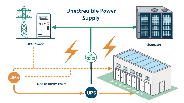 A diagram showing a UPS providing instant power to a server, while a generator outside slowly powers up