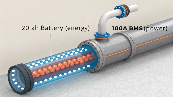 A diagram showing a very wide pipe (the 200Ah battery) being forced into a narrow pipe (the 100A BMS), creating a choke point