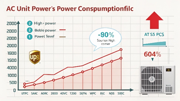 A diagram showing an AC unit's high power spike at startup, then a lower, stable running power, with a large UPS icon next to it