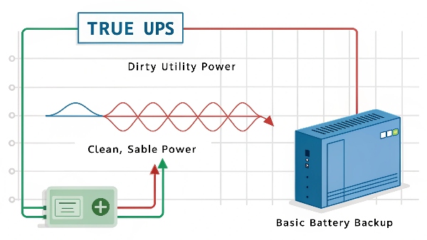A diagram showing clean power flowing through a UPS, versus dirty power bypassing a simple battery backup