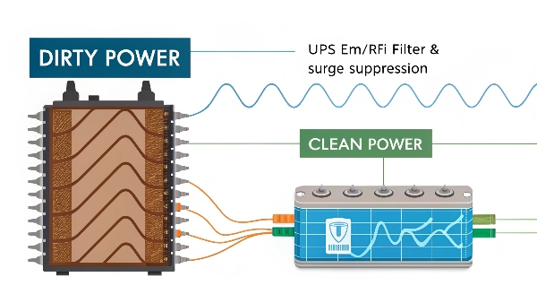 A diagram showing an inverter (e.g., solar) feeding power into a UPS, which then powers a computer