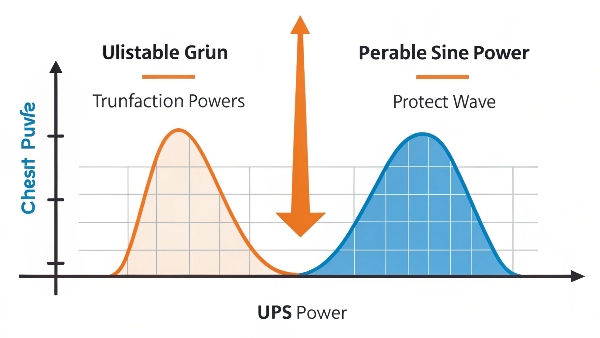 A diagram showing jagged, unstable grid power entering a UPS and clean, perfect sine-wave power coming out