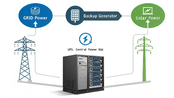 A diagram showing multiple arrows pointing to a UPS: one from a wall grid, one from a generator, and one from a solar array