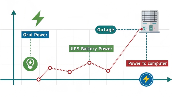 A diagram showing seamless power transition from mains to UPS battery during an outage
