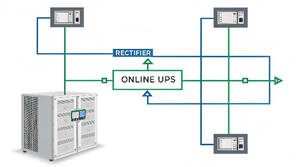 A diagram showing the 'double-conversion' process of an Online UPS, illustrating its complete isolation from grid power
