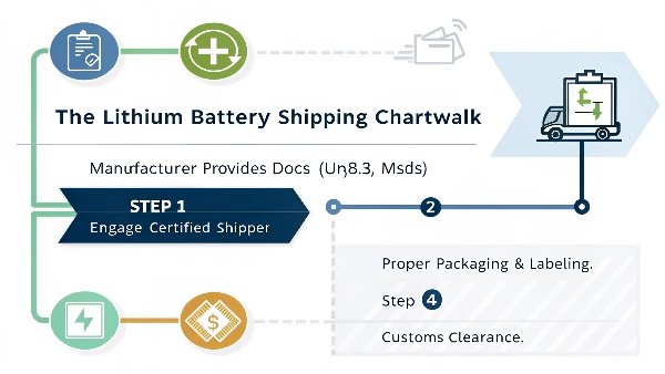 A diagram showing the steps: Manufacturer Docs -> Certified Shipper -> Proper Packaging/Labeling -> Customs Clearance