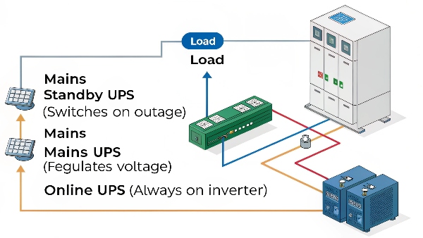 A diagram showing three paths: 1. Mains -> Standby UPS (switches on outage) -> Load. 2. Mains -> Line-Interactive UPS (regulates voltage, switches on outage) -> Load. 3. Mains -> Online UPS (always on inverter) -> Load.