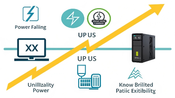A diagram showing utility power failing, and a UPS instantly providing battery power to a computer and modem, keeping them running