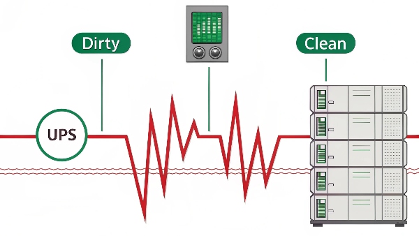 A diagram showing utility power with fluctuations (sags, surges) entering a UPS, and clean, stable sine wave power exiting the UPS to server racks