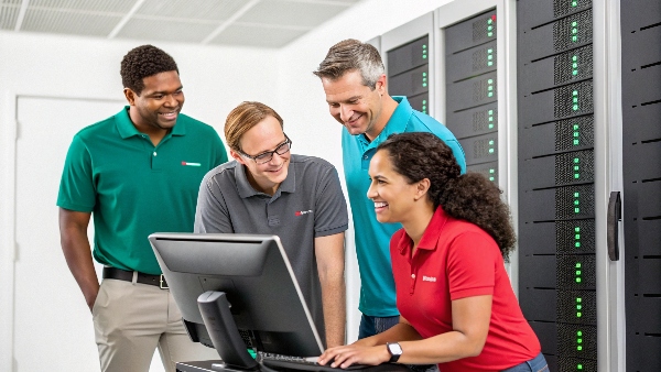 A diverse group of technicians working in a modern data center, smiling and collaborating.