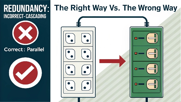 A 'Do Not Do This' image of a UPS plugged into another UPS, next to a 'Do This' image of two parallel UPS units connected to an output bus