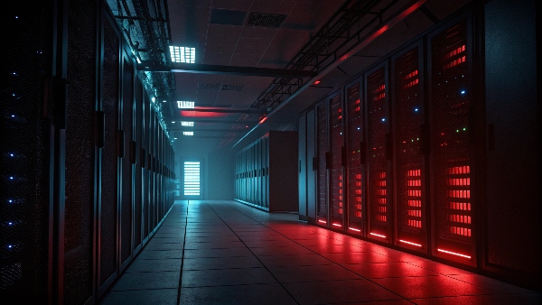 A dramatic image of a darkened data center floor with only emergency red lights on, symbolizing a major power outage.