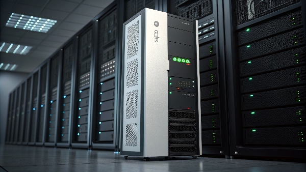 A dramatic image of a server rack with a visible UPS unit, perhaps with a subtle glow or indicator lights, emphasizing its protective role within the data center environment