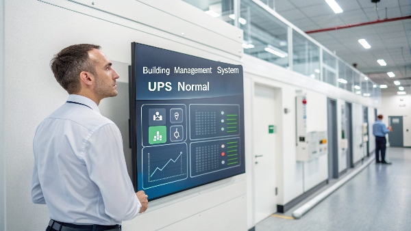 A facility manager looking at a BMS (Building Management System) screen that shows the UPS status as 'Normal' alongside other critical facility systems like cooling and security.