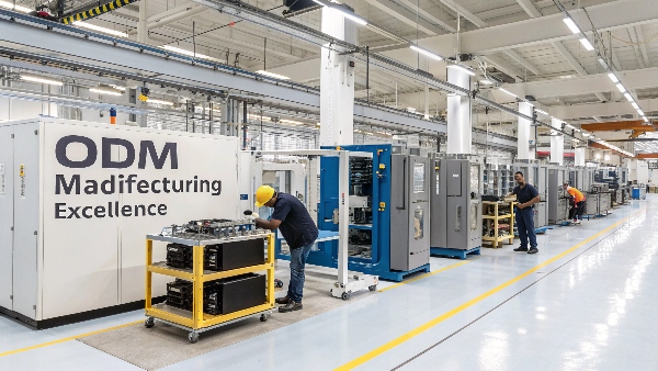 A factory floor scene showing UPS units being assembled and tested, with 'ODM Manufacturing Excellence' text overlay