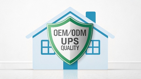 A friendly graphic showing a house icon protected by a shield labeled 'OEM/ODM UPS Quality'