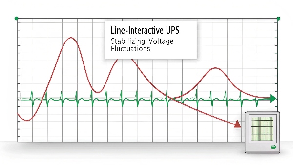 A graph showing an unstable input voltage being smoothed out to a stable output voltage by a Line-Interactive UPS