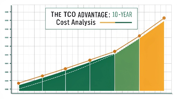 A graph showing the Total Cost of Ownership for Lithium-Ion UPS being lower than Lead-Acid over a 10-year period