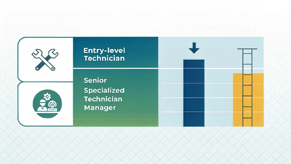 A graphic showing a salary range bar, with the lower end labeled 'Entry-Level Technician' and the higher end 'Senior/Specialized Technician/Manager', with an arrow pointing towards the higher figure and key skills/locations mentioned