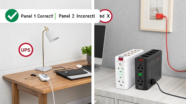 A green checkmark next to a UPS with a power strip correctly connected to a battery outlet, powering a modem, router, and small lamp. A red X next to the same setup with a laser printer plugged into the power strip.