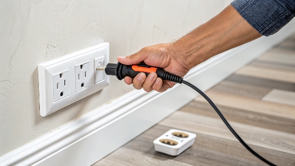 A hand unplugging a UPS from a wall outlet for maintenance