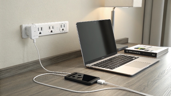 A laptop plugged into a wall outlet, with a surge protector inline before the AC adapter