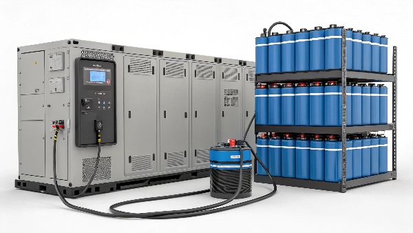 A large bank of external batteries connected to an industrial inverter, distinct from a typical UPS